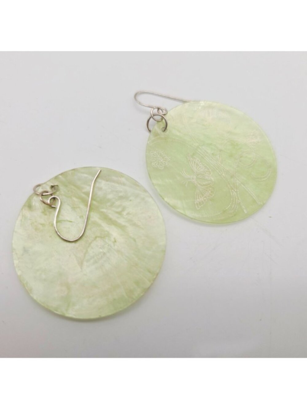 Round Green Shell Earrings With Butterfly & Floral Engraving Design 2.5" - Picture 6 of 6